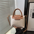Chic woven beige small square bag with brown leather handles and gold metal buckle - White