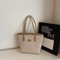 Minimalistische canvas shopper in havermoutkleur met camelbruine lederen handgrepen - Khaki