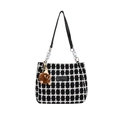Large black and white plaid tweed tote bag with leather strap and hedgehog charm - Charm / Black