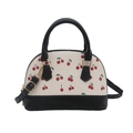 Bolso de mano elegante con estampado de cerezas rojas, cuerpo crema y asas negras de moda - Negro