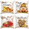Set di quattro federe autunnali con zucche e gnomi per decorazione del ringraziamento - Serie Camion di Gnomo Autunnale (YMF45) / 45x45cm (confezione da 4)