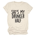 Close-up of cream cotton t-shirt featuring She’s My Drunker Half text and rolled sleeves - Sand (Black Font)
