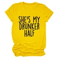 Detail of yellow cotton T-shirt featuring 'SHE'S MY DRUNKER HALF' slogan text and rolled sleeves - Yellow (Black Font)