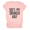 Detail of light pink t-shirt with black She's My Drunker Half slogan print - Pink (Black Print)