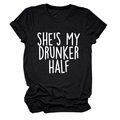 Detail of She's My Drunker Half slogan on black crew neck short sleeve cotton T-shirt - Black (White Font)