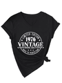 Detail of V-neck cotton T-shirt featuring 1976 Vintage print and side knot design - Black (White Font)