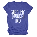 Detail of heather blue tee with SHE'S MY DRUNKER HALF white lettering and crew neck - Retro Blue (White Font)