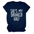 Detail of rolled cuffs and SHE'S MY DRUNKER HALF script on navy crew neck cotton T-shirt - Navy Blue (White Font)