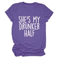 Detail of purple heather texture T-shirt with white SHE'S MY DRUNKER HALF slogan print - Purple (White Font)
