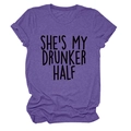 Detail view of heather purple crew neck T-shirt with She's My Drunker Half print - Purple (Black Text)