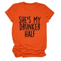 Detail of soft orange cotton T-shirt featuring She's My Drunker Half graphic print - Orange (Black Font)