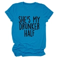 Detail of blue crew neck T-shirt featuring She's My Drunker Half printed slogan - Lake Blue (Black Font)