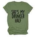 Detail of green crew neck t-shirt with She's My Drunker Half print and rolled sleeves - Olive Green (Black Font)