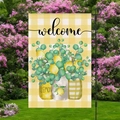 Garden flag with lemon design on yellow check background and black metal stand - Lemon Potted Plaid Welcome Style (HYQ18-20)
