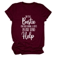 Detail view of the burgundy crewneck t-shirt with white 'I'M THE Bestie' graphic print - Wine Red / White Font