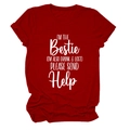 Close-up of crew neck burgundy T-shirt featuring 'I'M THE Bestie' white printed slogan - Red / White Font