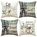 Set di 4 federe autunnali in lino con motivi a zucca e scritte decorative per divano - Ghirlanda di Zucca a Quadri Rustica (YMF) / 45x45cm (confezione da 4)