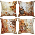 Set di quattro federe in lino autunnale con stampe naturali vintage per il divano - Illustrazione Autunnale d'Arte Vintage (YMF34) / 45x45cm (confezione da 4)