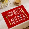 Rote Tischset aus Leinen mit Gott schütze Amerika Aufdruck und Raketendesign für Feiertage - GOD BLESS AMERICA mit Rakete (CD16-14)