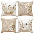 Set di quattro federe per cuscini autunnali con zucche in bianco e kaki per divano - Serie Happy Fall Toni della Terra (YMF85) / 45x45cm (confezione da 4)