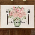 Linen placemat with watercolor flowers and home sweet home text on wooden table - Rose Market Truck Style (CD10-1)