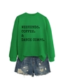 Flat lay of green crewneck sweatshirt and distressed denim shorts casual two-piece set - S / Grass Green Sweatshirt (Black Graphic)