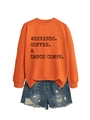 Flat lay of orange crewneck sweatshirt and distressed blue denim shorts with print - S / Orange Sweatshirt (Black Text Graphic)