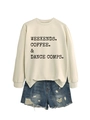 Detail of off-white crewneck sweatshirt with black slogan paired with frayed denim shorts - S / Sand Sweatshirt (Black Text)