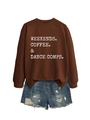 Close-up of coffee brown sweatshirt with white typography and ripped denim shorts - S / Coffee Sweatshirt (White Text)
