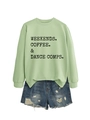Detail of light green sweatshirt with Weekends Coffee Dance text and denim shorts - S / Olive Green Sweatshirt (Black Text)