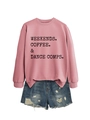 Flat lay of pink cotton sweatshirt with coffee text and distressed denim shorts - S / Rose Gold Sweatshirt (Black Text)