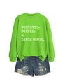 Detail of green crewneck sweatshirt with weekends coffee print and denim shorts - S / Neon Green Sweatshirt (White Graphic)