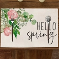 Linen placemat with pink roses and HELLO spring text on dark wood tabletop - Spring Pink Rose Style (CD10-3)