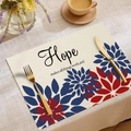 Platzset aus Leinen zum Unabhängigkeitstag mit roten blauen Blumen und Hope-Schriftzug - Hope makes all things work (CD16-22)