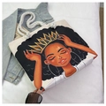 Sac cabas en toile blanc cassé avec portrait imprimé et anses en corde de coton blanc - Blanc Cassé Femme Noire Portant Couronne (Motif 9)