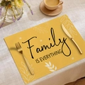 Κίτρινο λινό σουπλά με κείμενο Family IS EVERYTHING και λευκά σχέδια φύλλων - Στυλ Κίτρινο Εμπνευσμένο Σύνθημα (CD10-30)