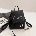 Mini zwarte PU-lederen rugzak met kattenprint en trekkoordsluiting voor dagelijks gebruik - Zwart