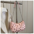 Detail of pink cherry print shoulder bag with leather and silver chain strap - Pink