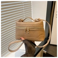 Dettaglio borsa box beige con trama a coccodrillo, zip dorate e manico superiore - Cachi