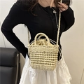 Minimalist straw bucket bag with drawstring liner and woven strap for women - Off White