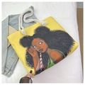 Sac fourre-tout en toile jaune avec illustration de fille et anses en corde blanche - Fille Africaine Jaune Vif Lunettes Oranges (Motif 3)