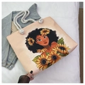 Sac cabas en toile avec portrait de tournesol artistique et anses en corde de coton - Femme Africaine Tournesol Abricot Clair (Motif 4)