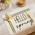Λινό σουπλά με κείμενο HELLO spring, κίτρινο φιόγκο και λουλούδια για το τραπέζι - Στυλ Μπεζ Φιόγκος Ανθικό (CD10-16)