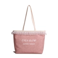 Pink canvas tote bag with white lace trim and EVEA GLOW print for women fashion - Pink