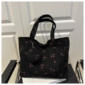Detail of large black corduroy tote bag with red cherry pattern and coin purse - Black