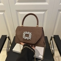 Retro brown suede square handbag featuring a luxury rhinestone buckle and gold chain strap - Brown