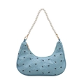 Light blue crescent shoulder bag with bow prints and elegant white pearl strap - Blue