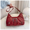 Red faux leather pleated underarm bag with three decorative silver metal buckles - Red