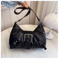 Classic black pleated underarm bag with vintage silver buckle in a minimalist design - Black