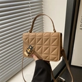 Elegant camel quilted crossbody bag with golden metal lock and stylish top handle - Khaki